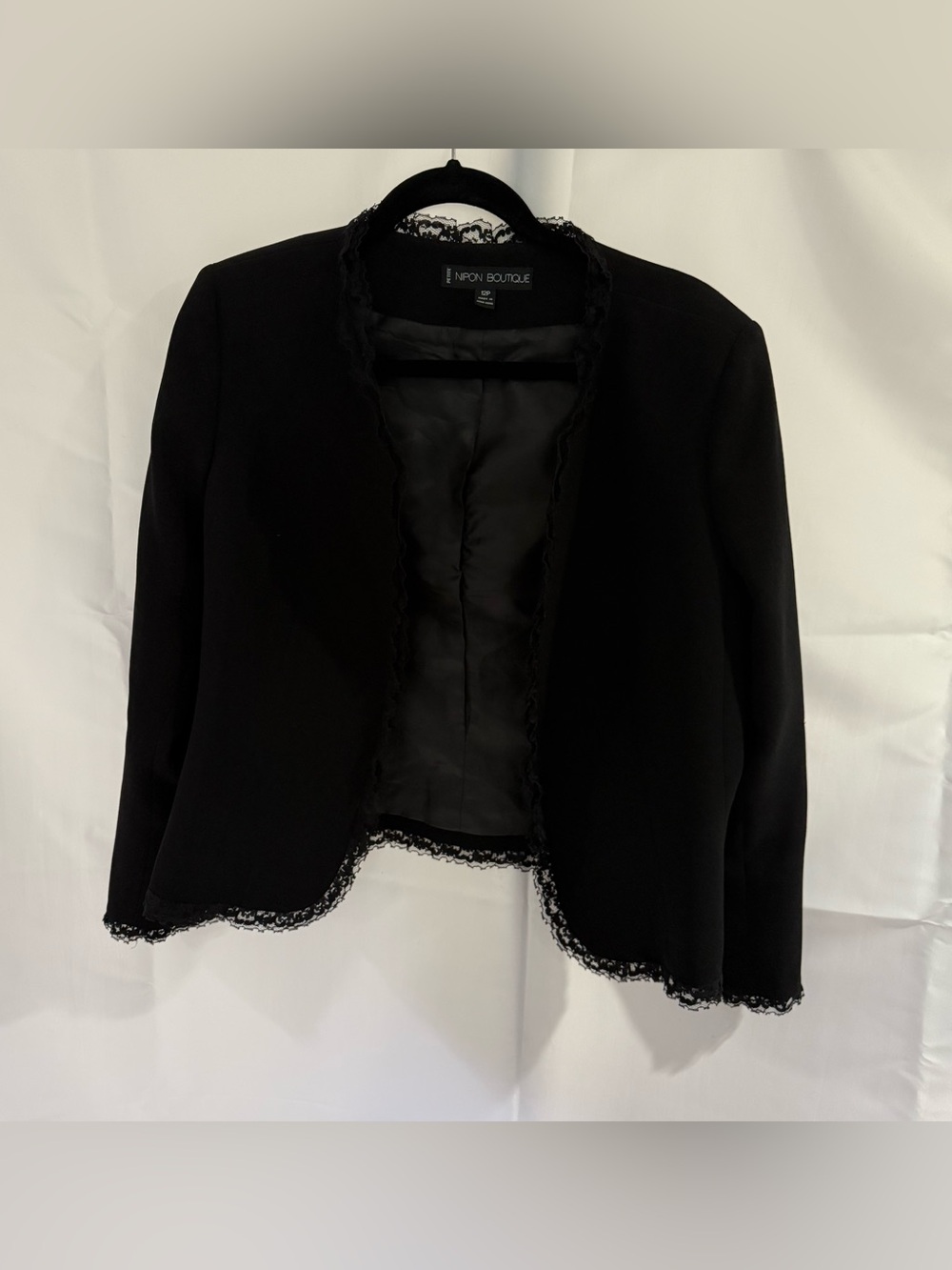 Nipon Boutique Black Lace Trim Open Front Blazer Jacket Minimalist Gothic 12P